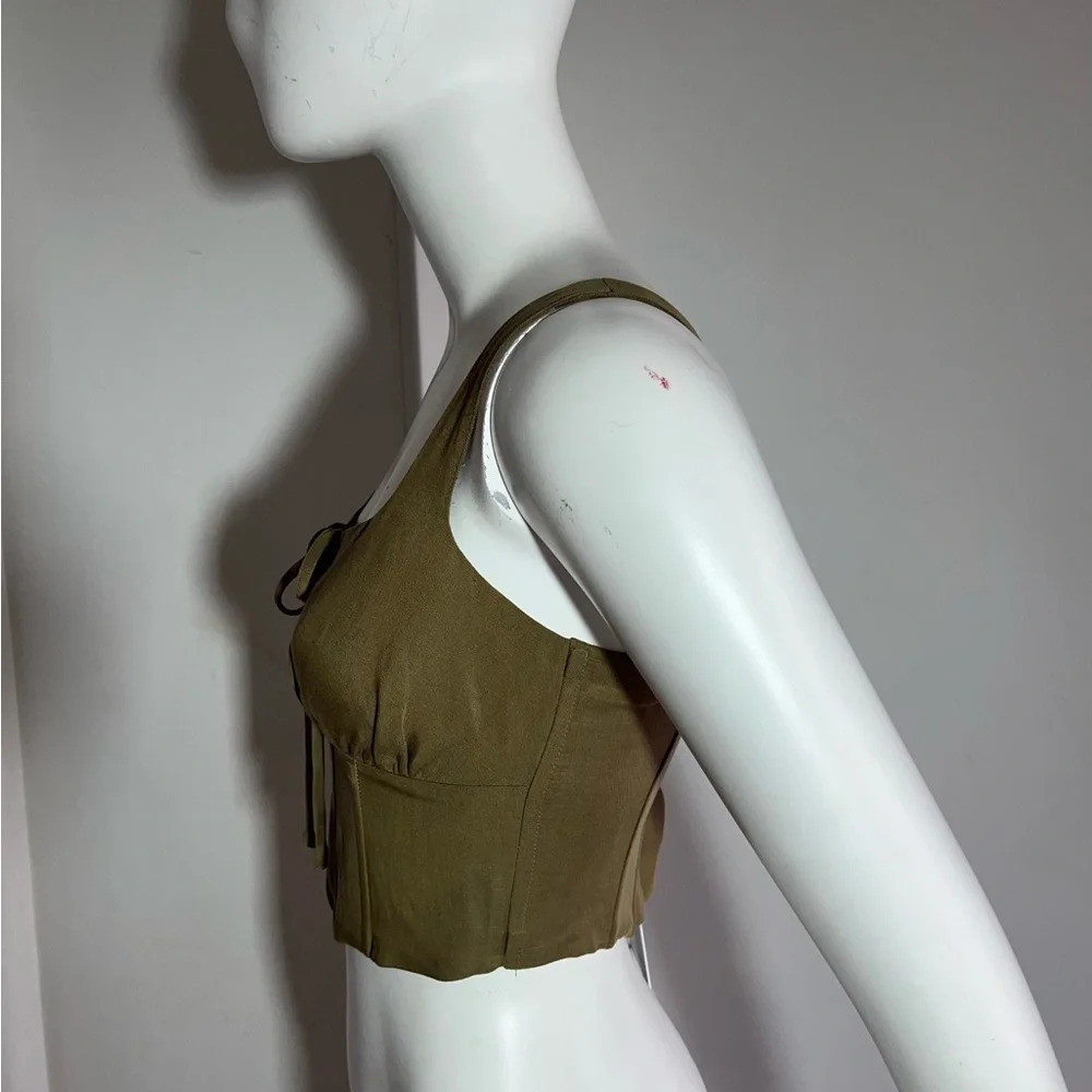 Lovers & Friends Linen Blend Milkmaid Tie Front Corset Crop Top Green Sz XS NWT - Picture 4 of 9